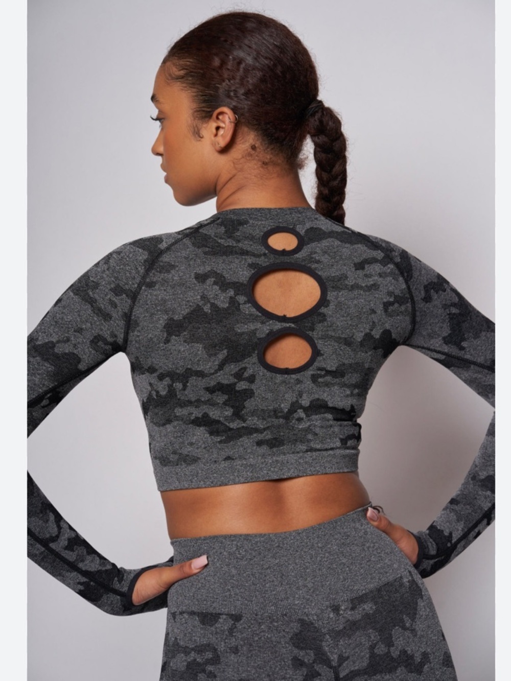 Gray Camo Long Sleeve Crop Top with Back Cutouts